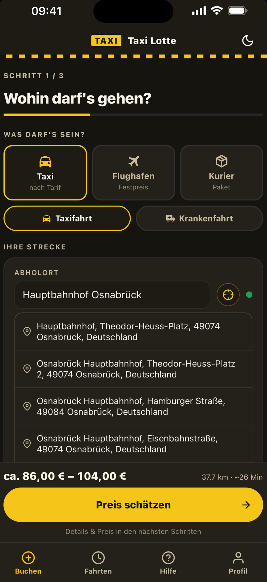 Taxi Lotte Kunden-App: Fahrt buchen (App-Store-Screenshot)