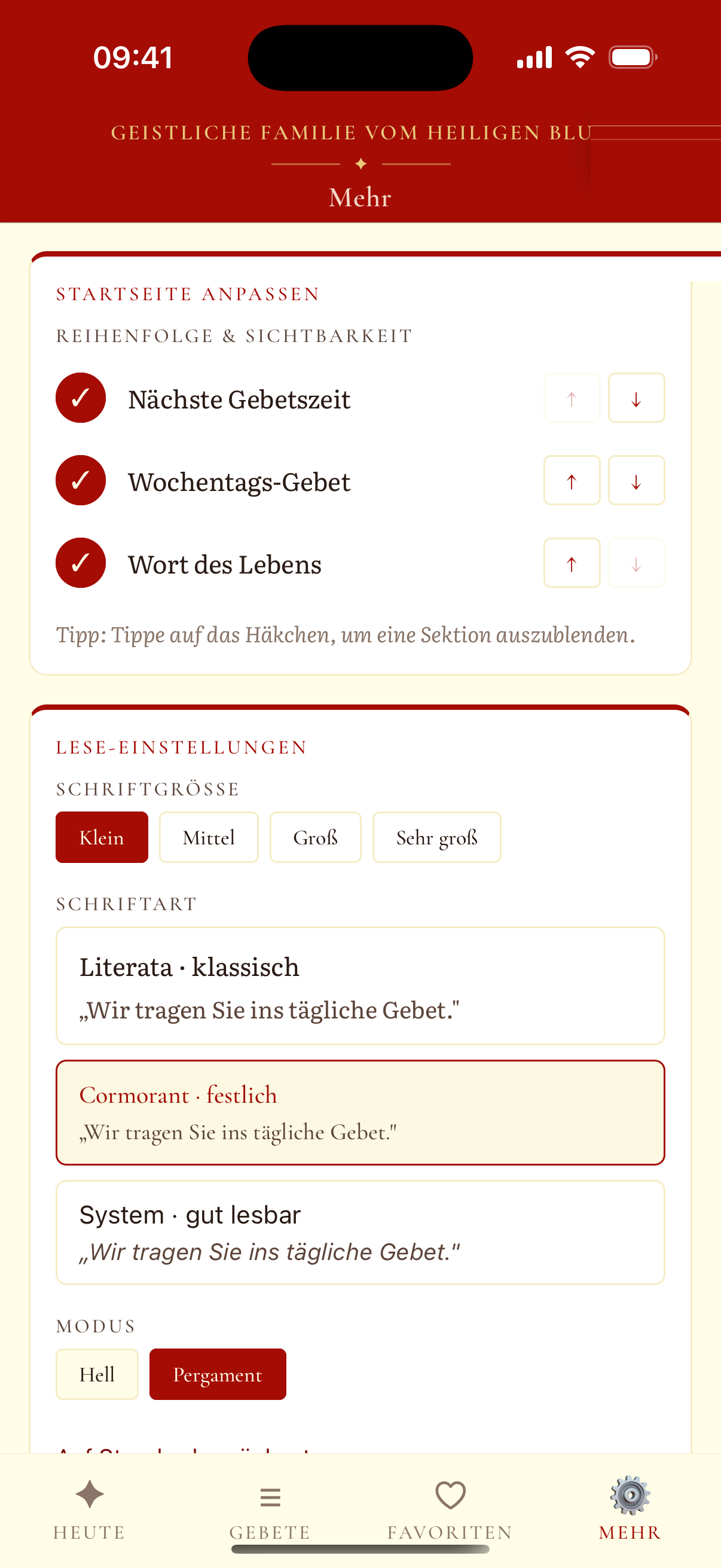 Gebet · Blut Christi – Lese-Einstellungen