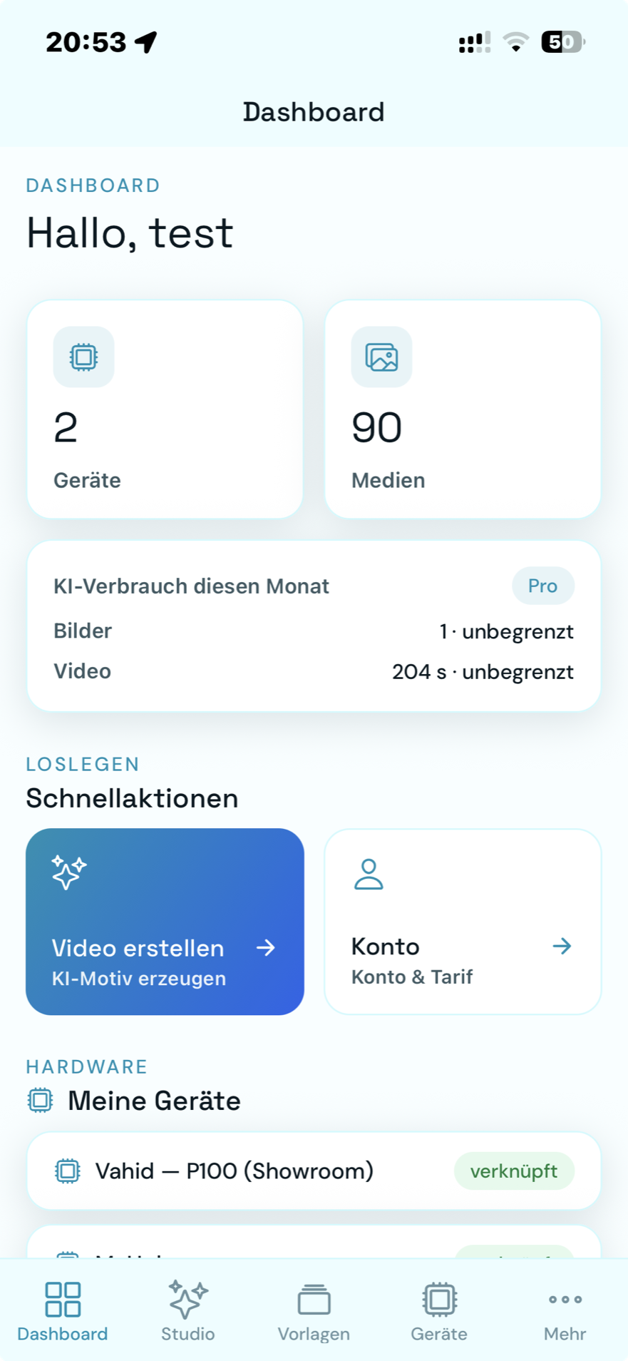 MyHologram App-Dashboard: Geräte, Medien und KI-Verbrauch im Überblick