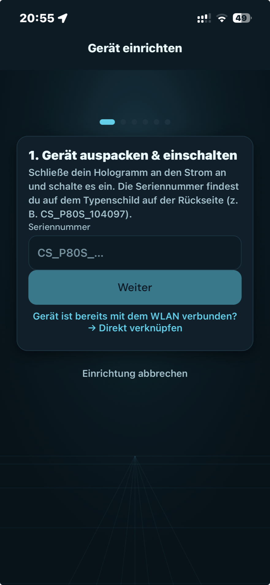 MyHologram App: neues Hologramm-Gerät per Seriennummer einrichten