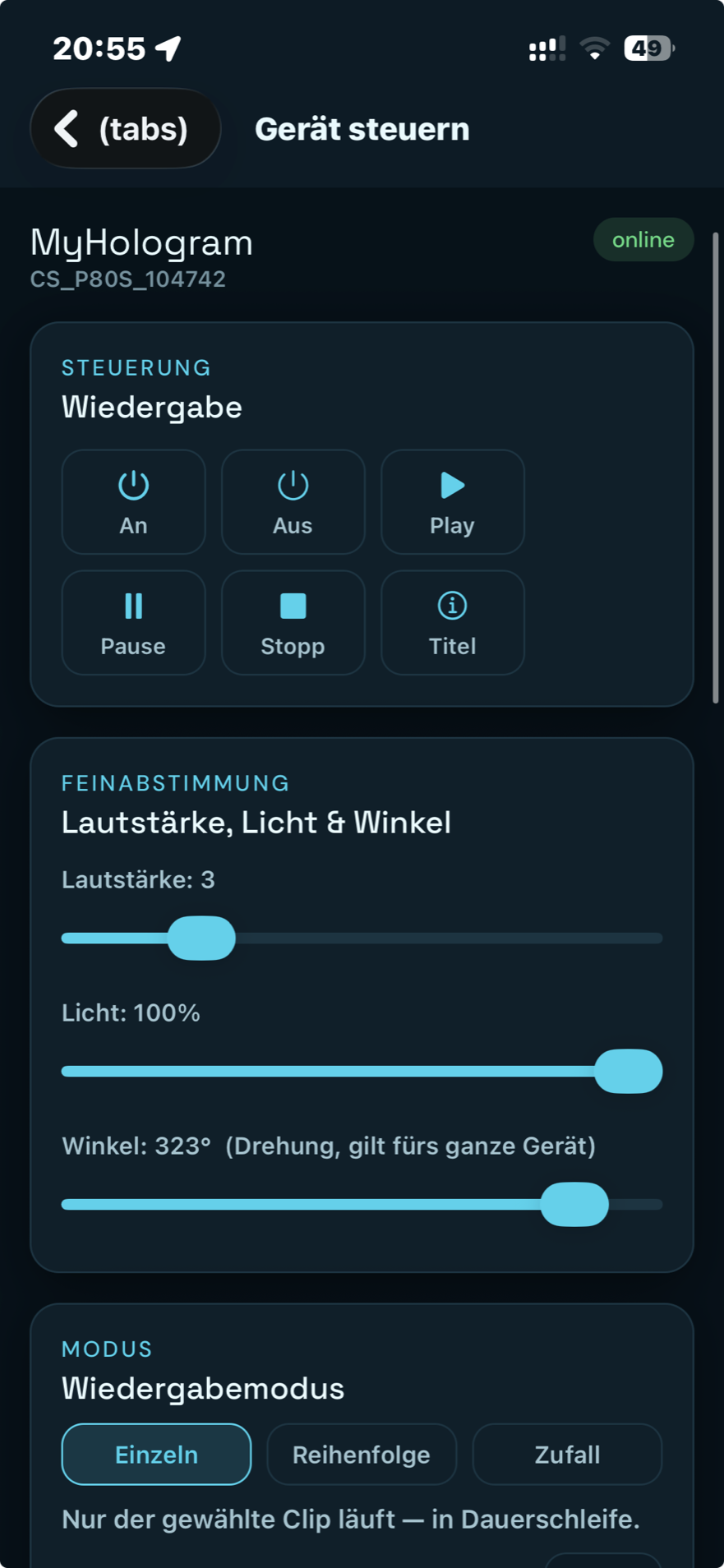 MyHologram App: Hologramm-Gerät fernsteuern – Wiedergabe, Licht und Drehwinkel