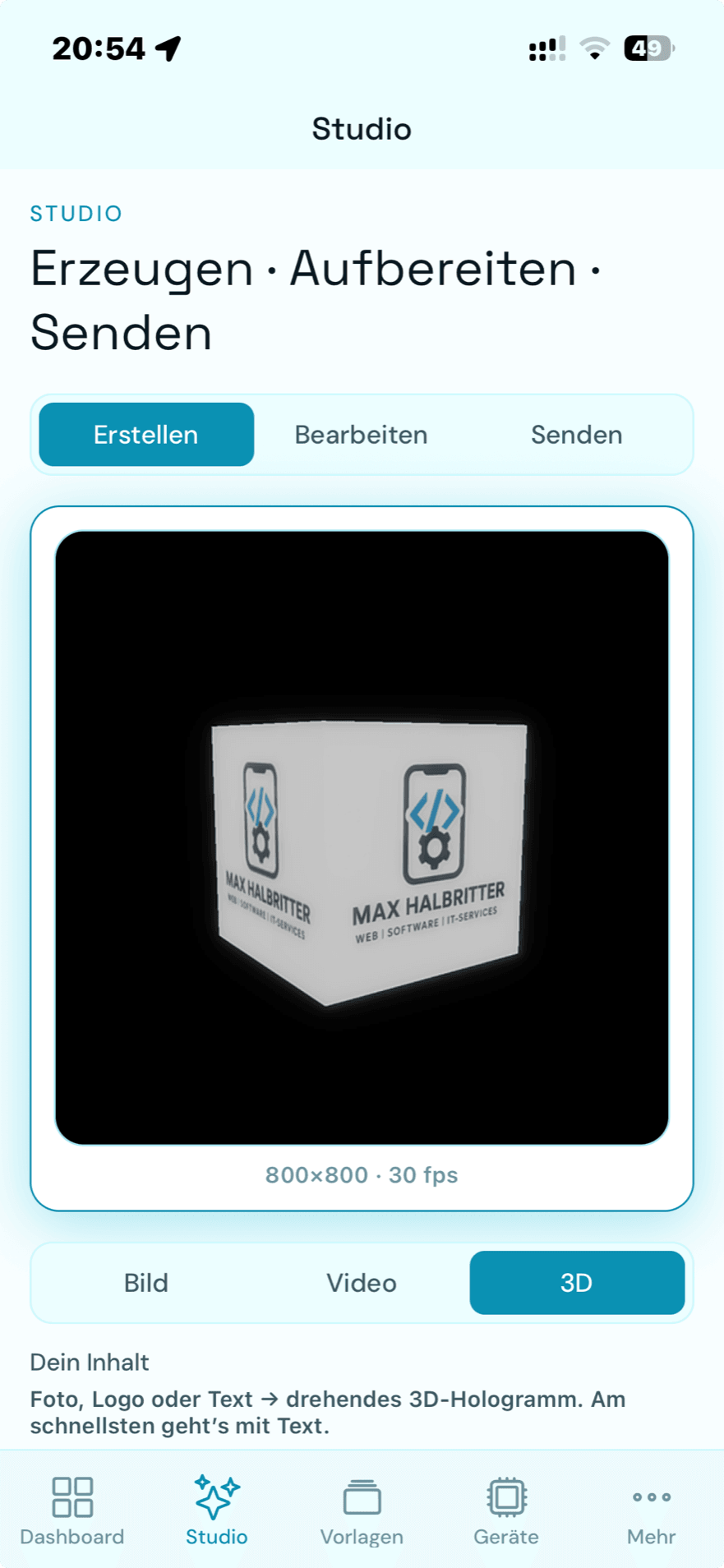MyHologram-App: Studio, in dem aus Text ein drehendes 3D-Hologramm entsteht