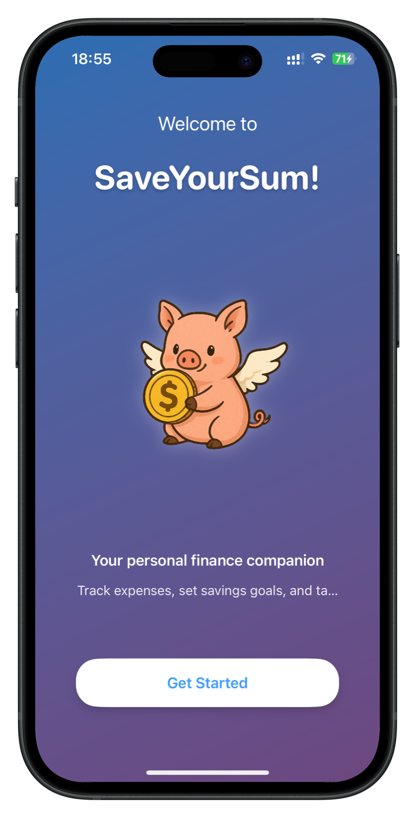 SaveYourSum: Welcome-Screen der App