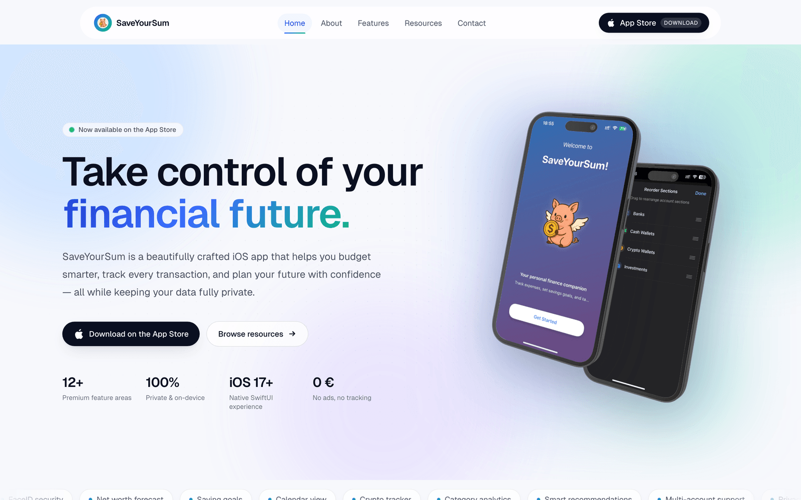 SaveYourSum: Marketing-Website mit Feature-Übersicht