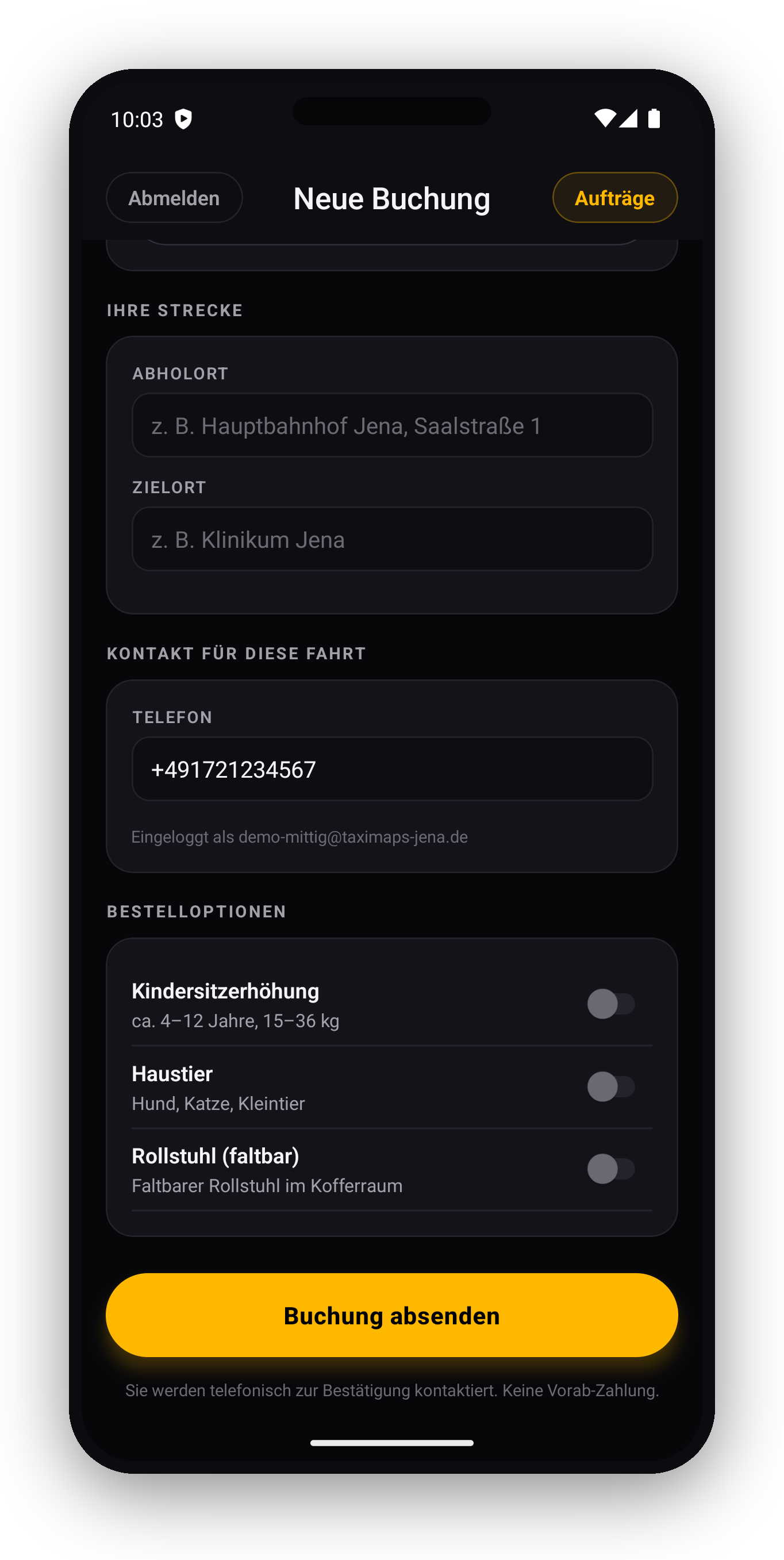 TAXI JENA App – Buchung absenden