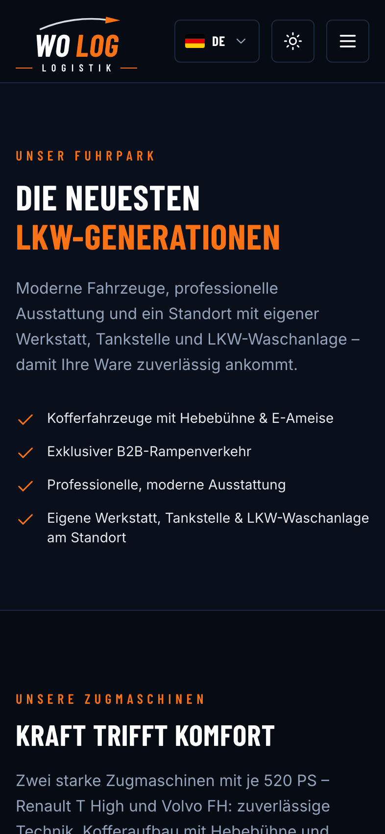 WO LOG Website am Handy: Fuhrpark mit Renault T High und Volvo FH
