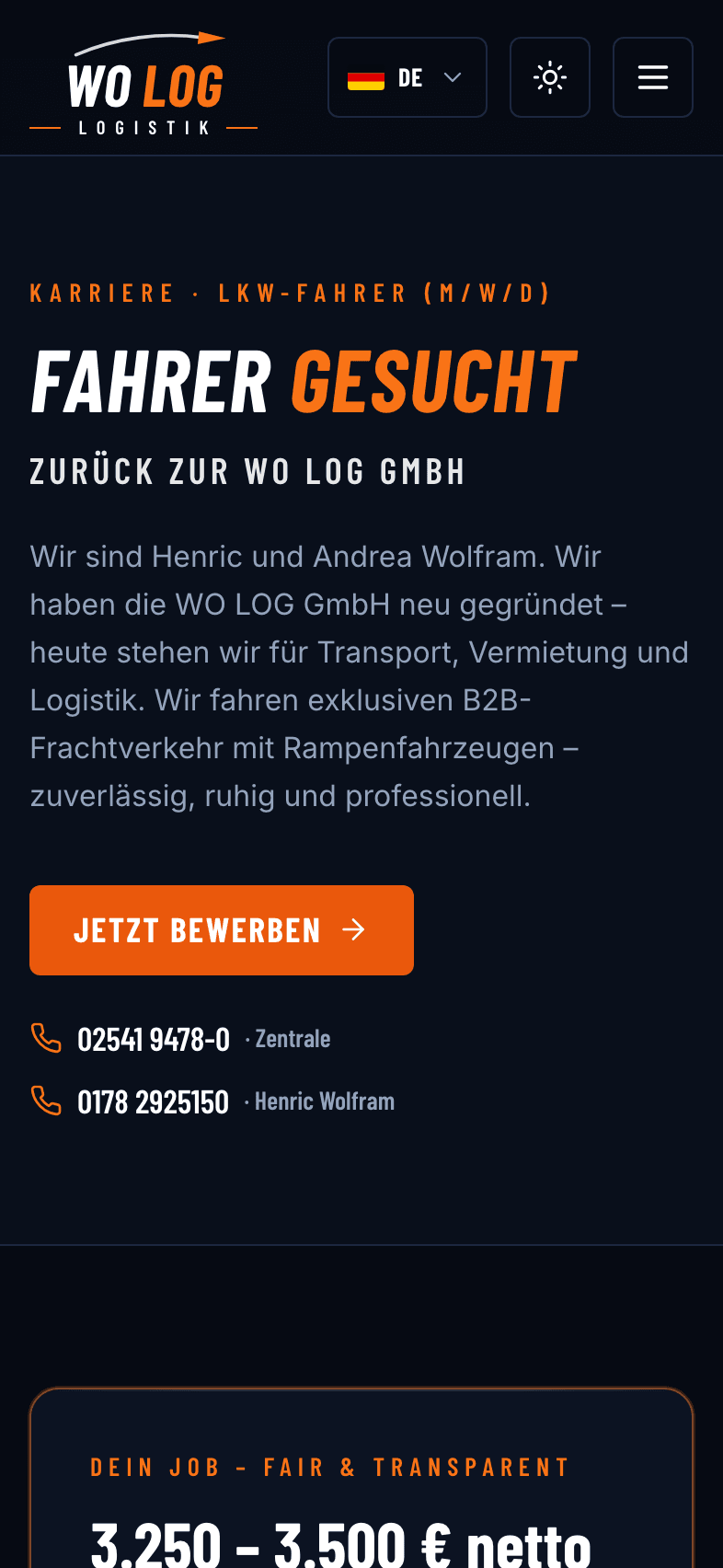 WO LOG Website am Handy: Karriere-Seite mit Verdienstangaben und Bonus