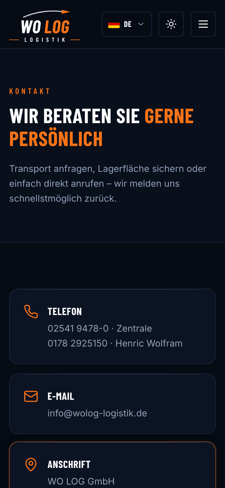 WO LOG Website am Handy: Kontaktseite mit Telefon, E-Mail und Anschrift