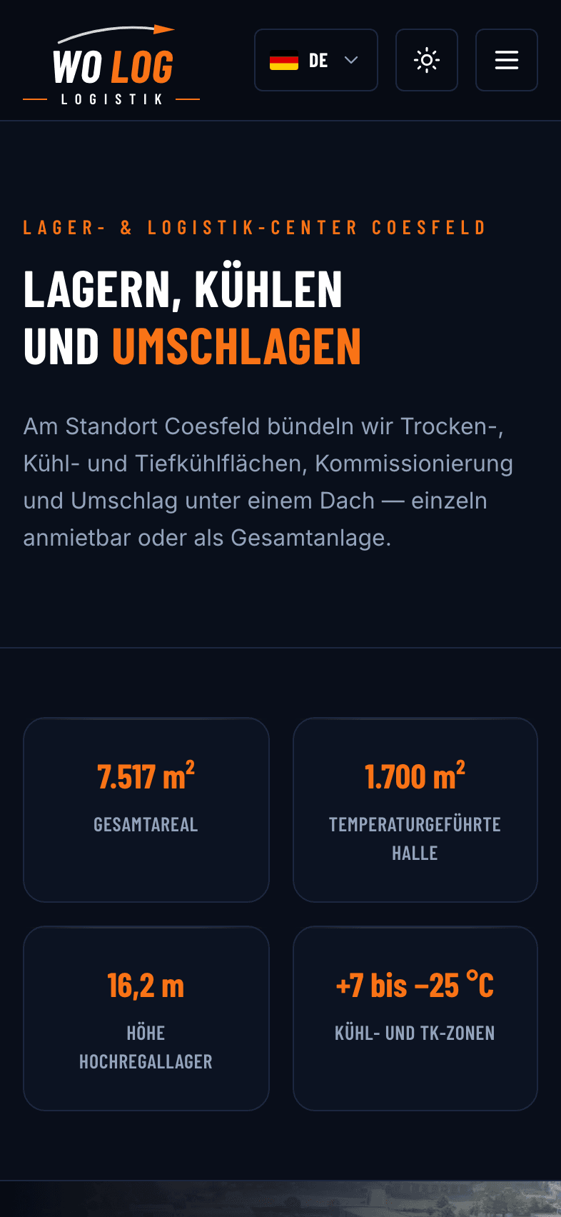 WO LOG Website am Handy: Lager- und Logistik-Center mit Flächen- und Temperaturangaben