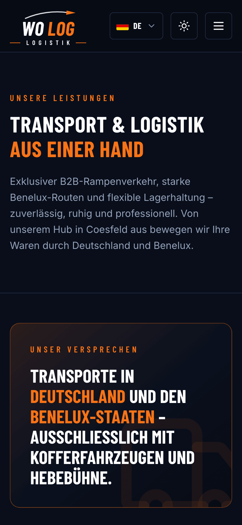 WO LOG Website am Handy: Leistungsübersicht mit Lagerhaltung, Transporten und Benelux-Verkehren