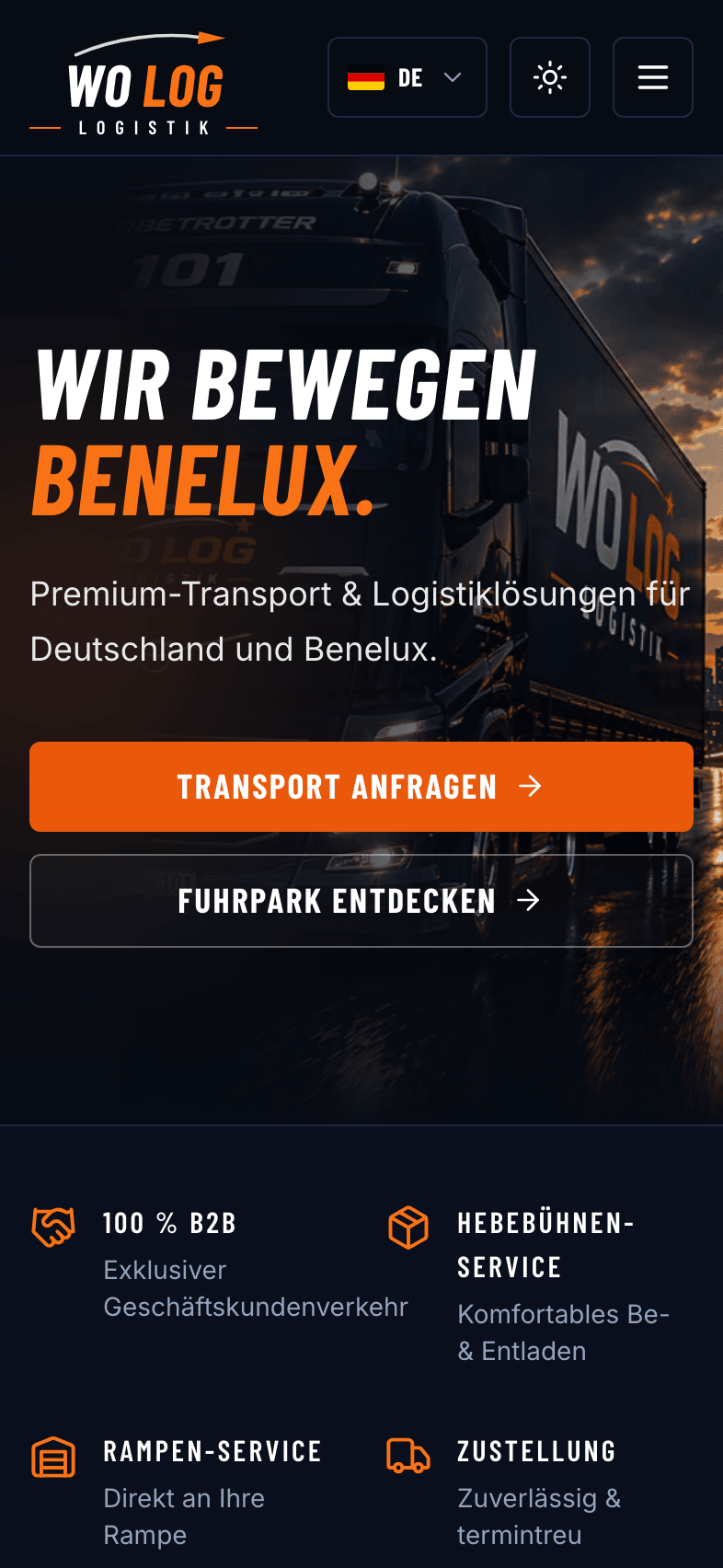 WO LOG Website am Handy: Startseite mit Sattelzug und den beiden Handlungsaufforderungen