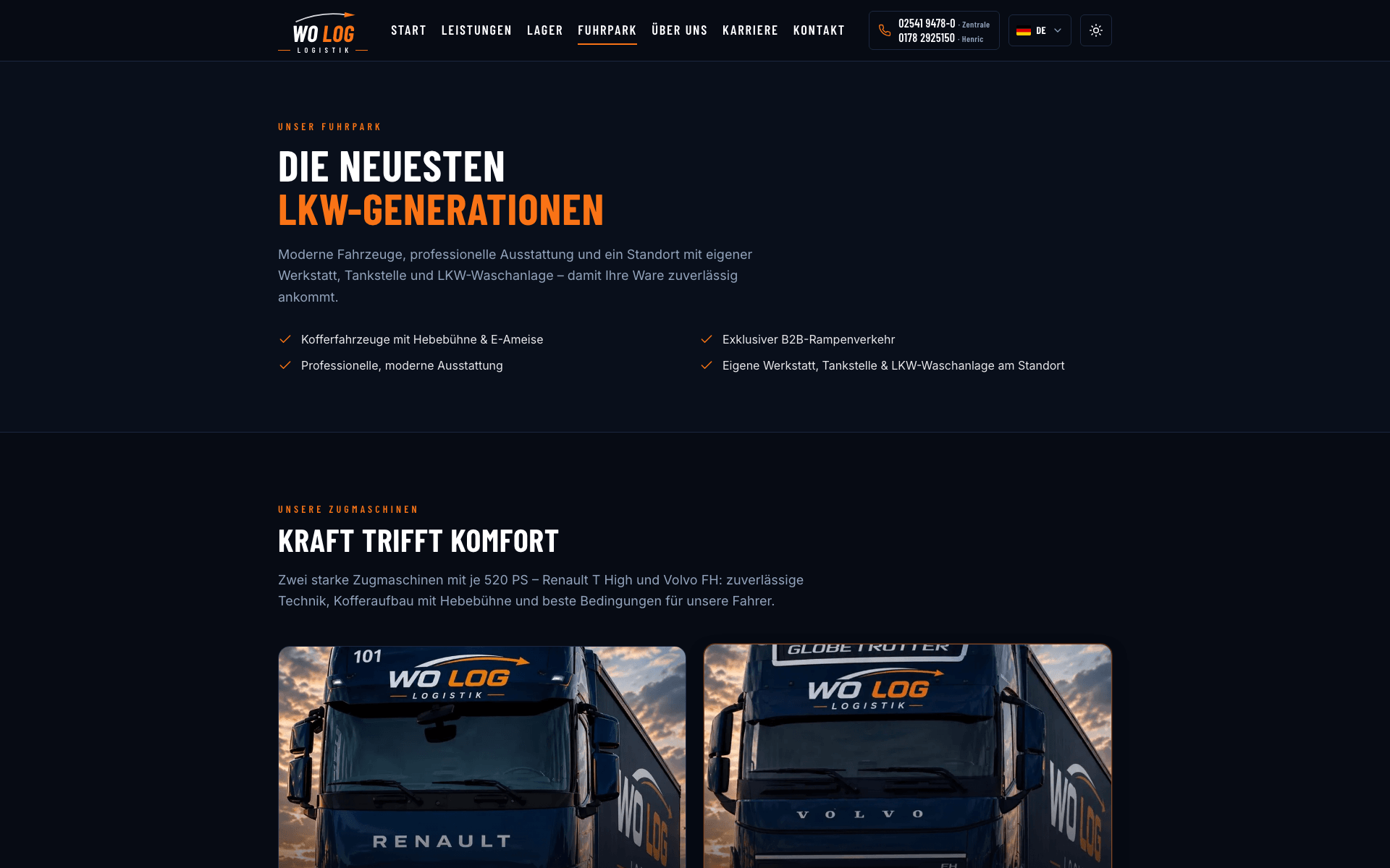 WO LOG Website: Fuhrpark mit den beiden Zugmaschinen