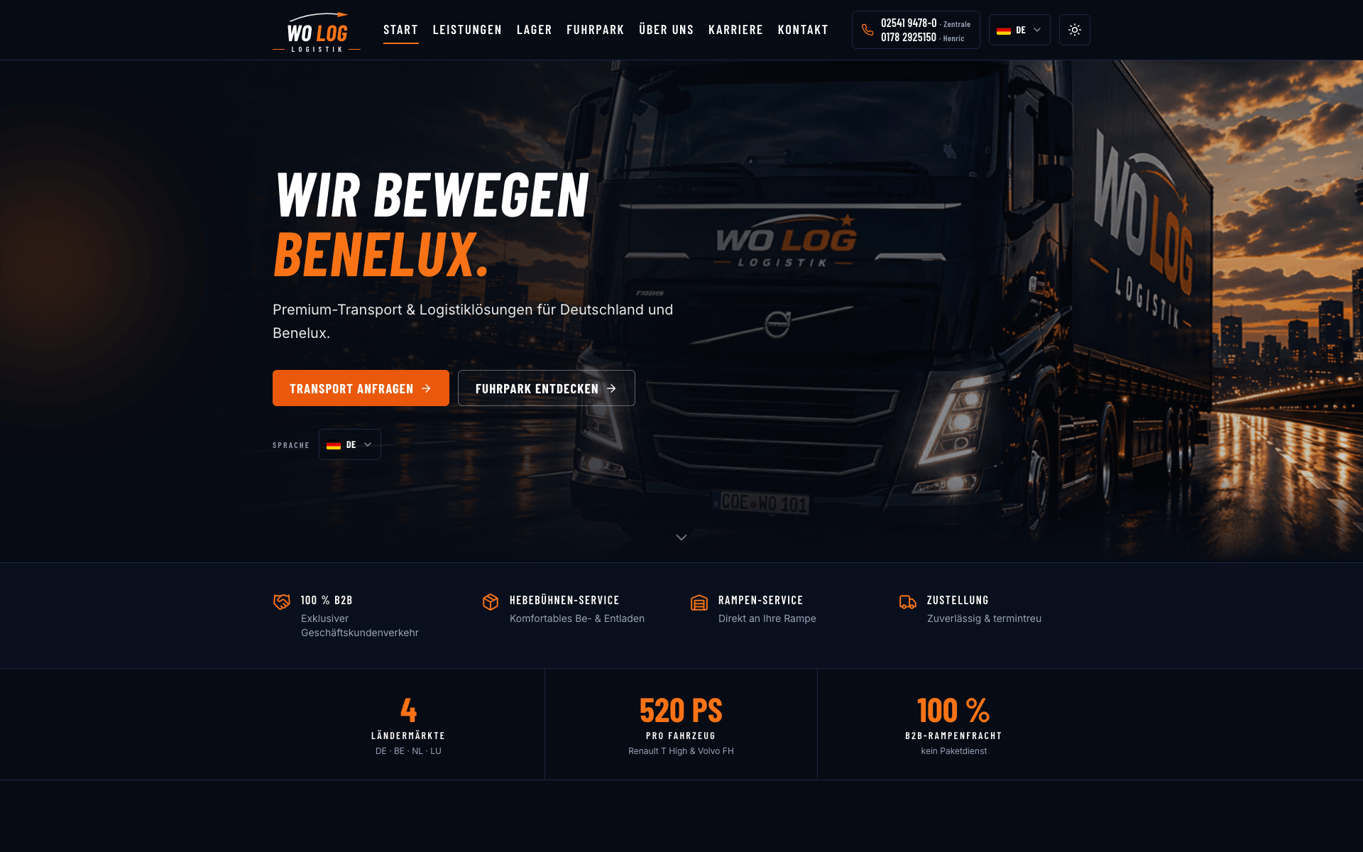 WO LOG Website: Startseite mit „Wir bewegen Benelux." und Sattelzug im Abendlicht