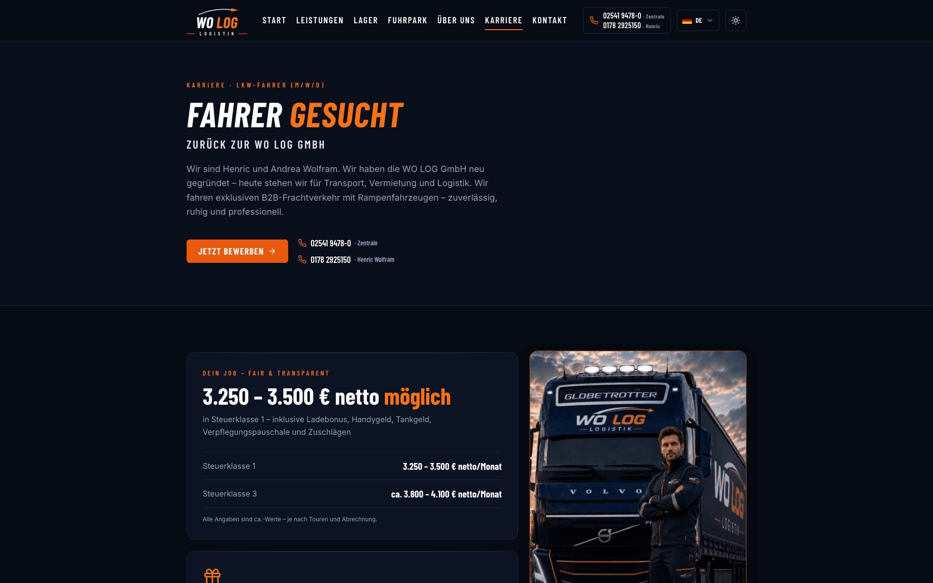 WO LOG Website: Karriere-Seite mit Verdienst, Bonus und mehrsprachiger Stellenanzeige