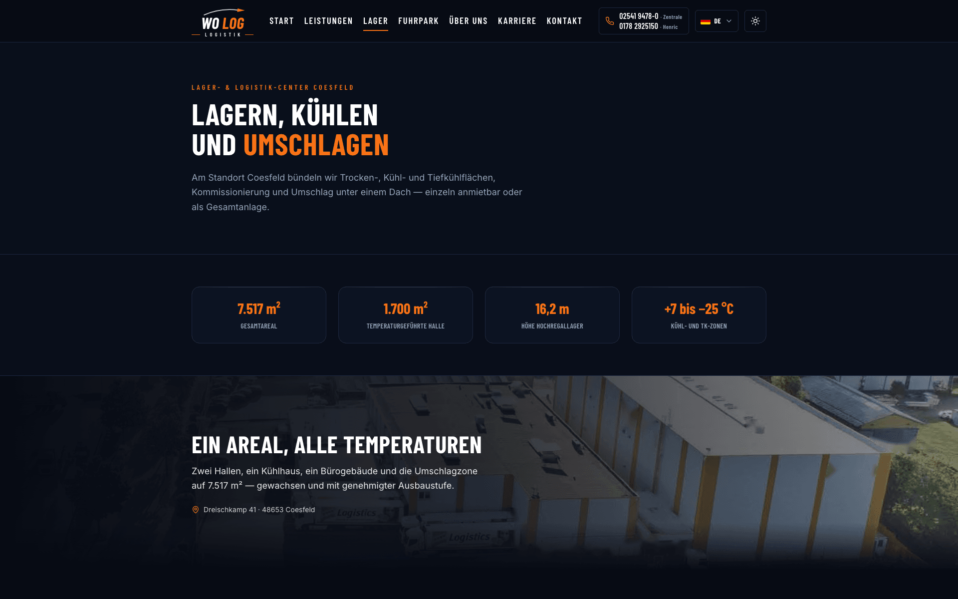 WO LOG Website: Lager- und Logistik-Center Coesfeld mit Flächen- und Temperaturkennzahlen