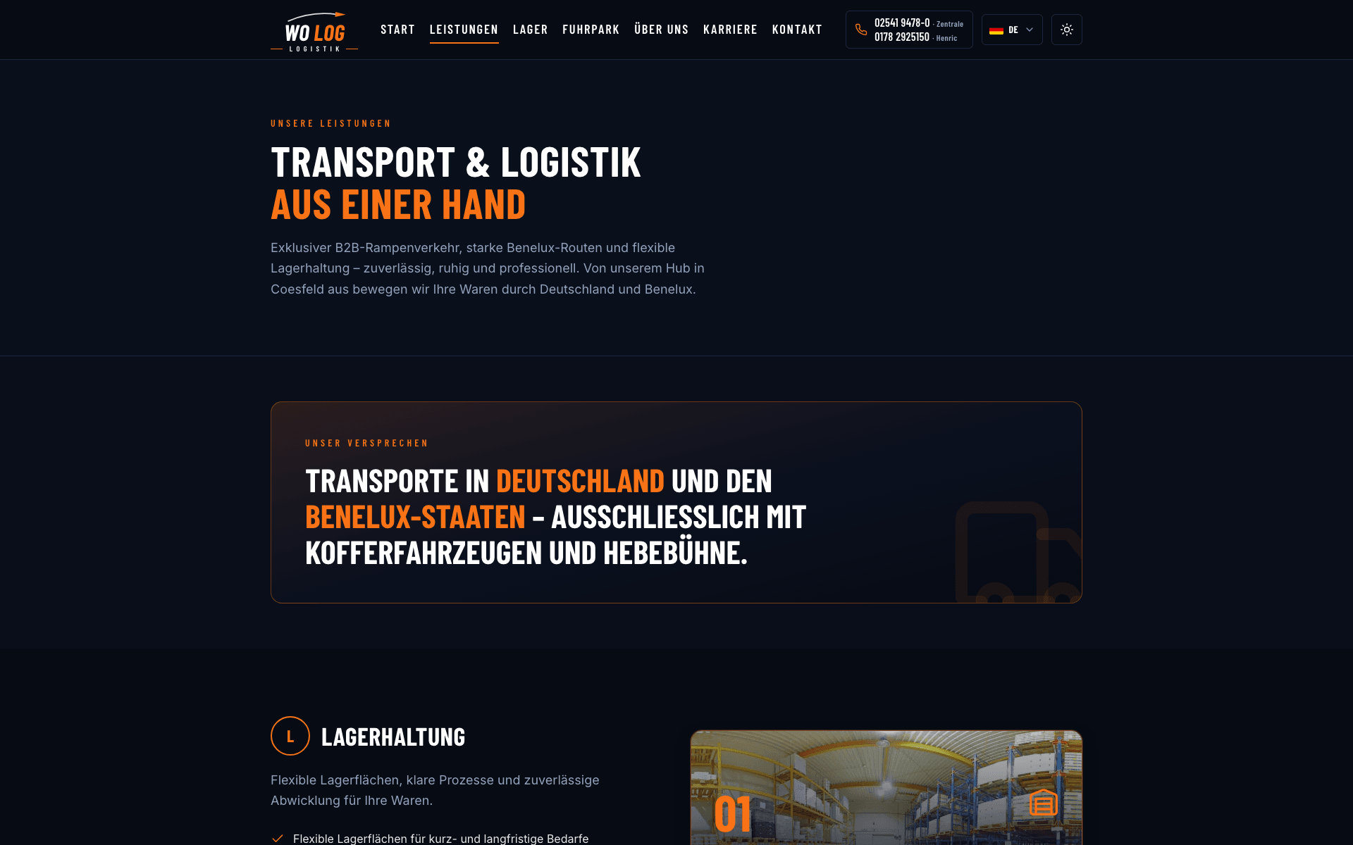 WO LOG Website: Leistungsseite mit Lagerhaltung, Deutschland-Verkehren und Benelux-Routen